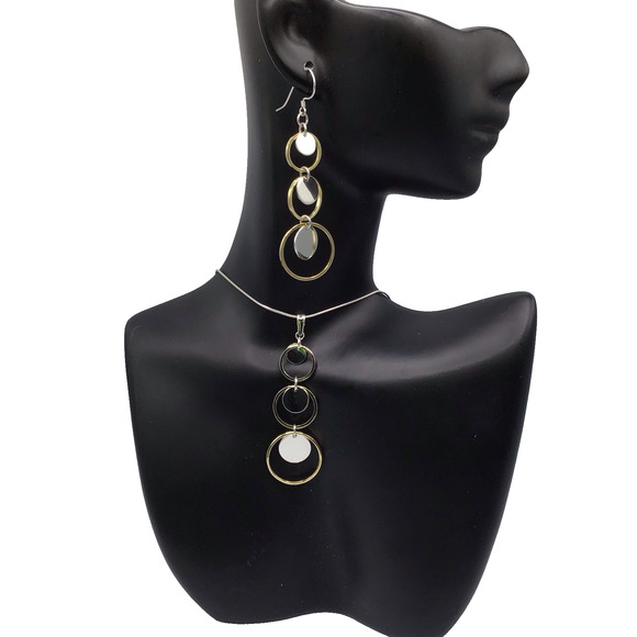 925 Sterling Silver Necklace & Earrings Set Two Tone Circle Pendant Dangle Set - Picture 1 of 13